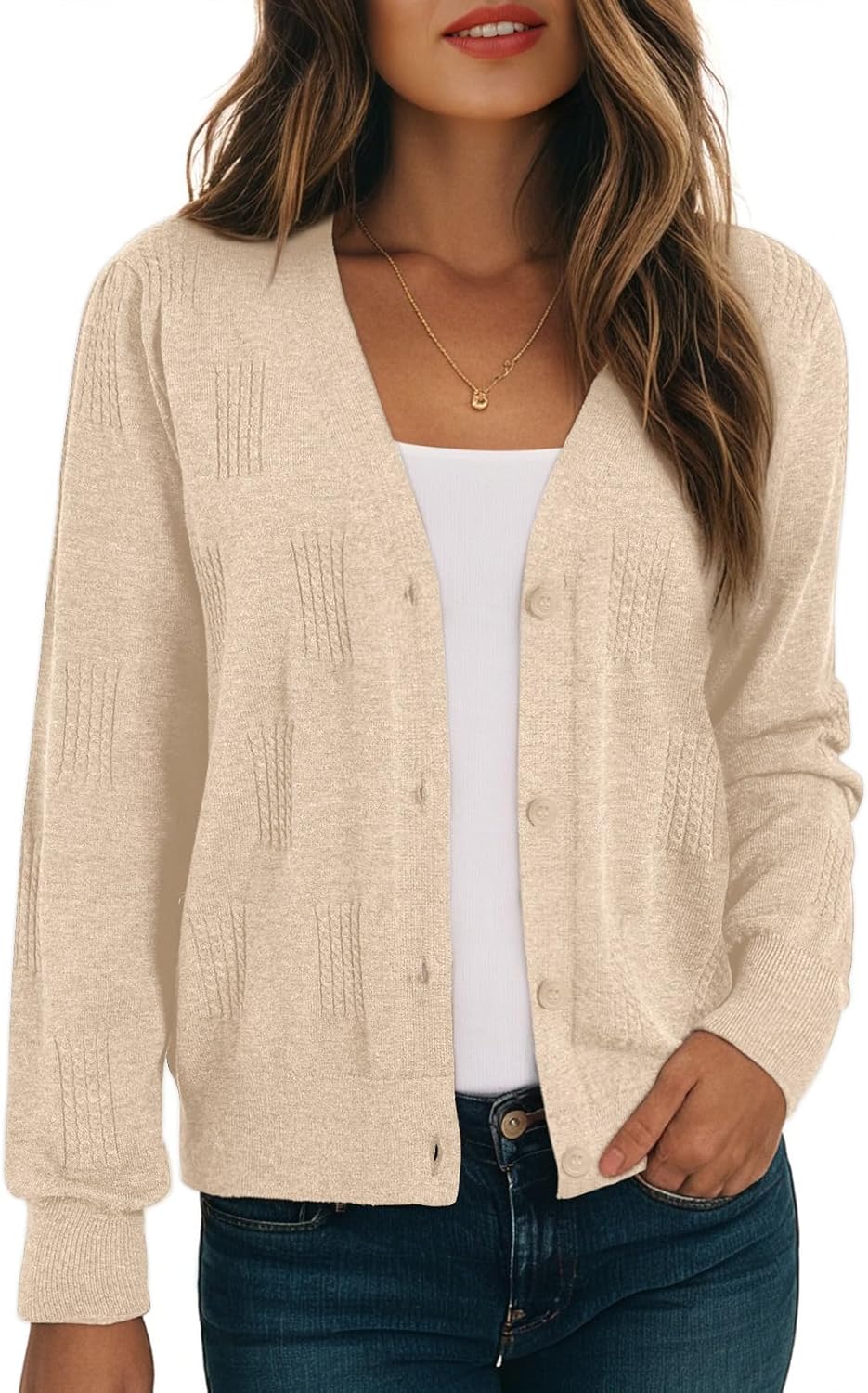 Dokotoo Women's Fall Long Sleeve Lightweight 2025 V-Neck Cardigan Button Down Twisted Cable Knit Shrugs Sweaters