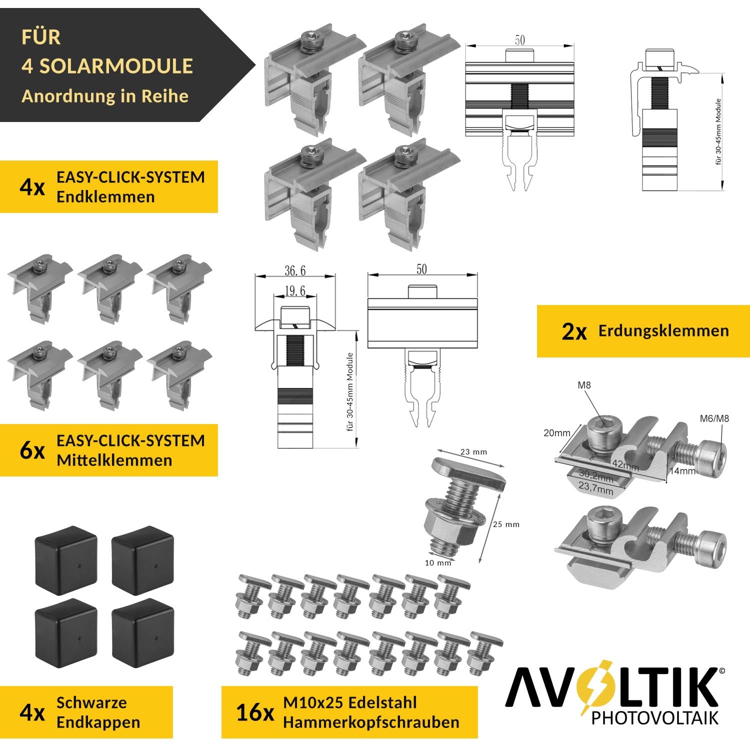 Avoltik Solar Halterung Ziegeldach I Set für 4 PV Module 30-45mm I Solarmodul Halterung Balkonkraftwerk I Solarmodulbefestigungsset für Ziegeldächer aus Edelstahl 1.4301 I PV-Halterung Montageset