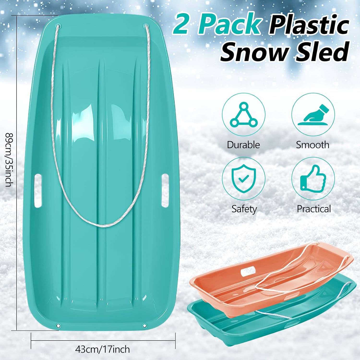 Poen 2 Pcs Plastic Snow Sled 35" Downhill Sprinter Winter Toboggan Sled Board with Pull Rope and Handles Snow Sleds for Kids Adults Downhill Sledding Sleigh Sand Board Sleigh