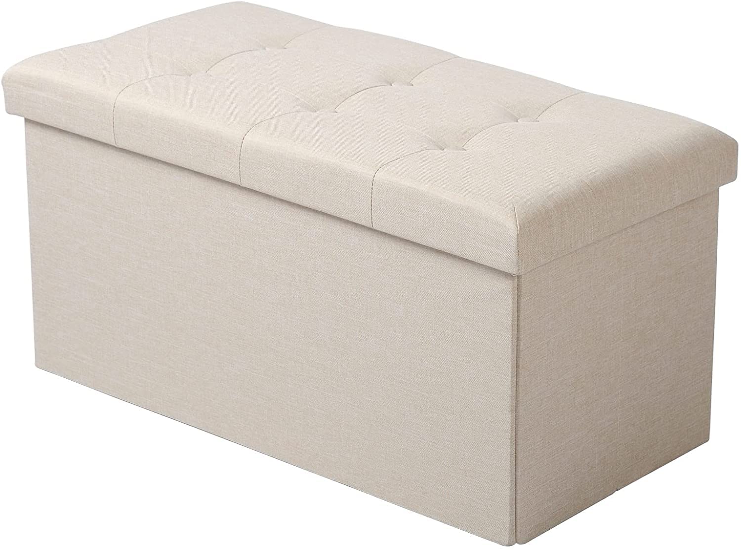 Tabouret de rangement pliable en lin crème, pouf cube avec siège rembourré stable