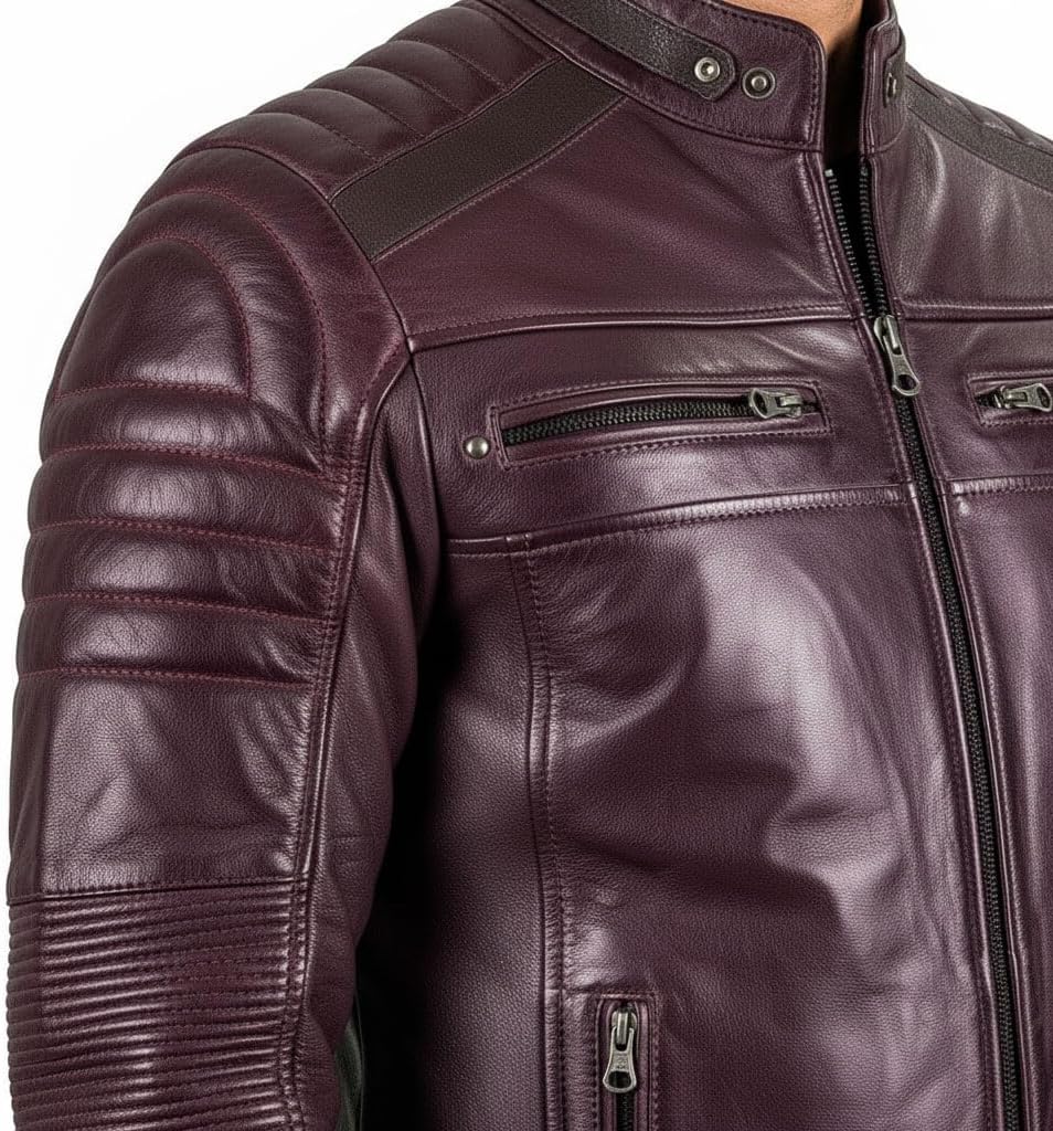 Men's Cafe Racer Biker Jacket - Genuine Lambskin, Real Leather Motorcycle Jacket - Image 6
