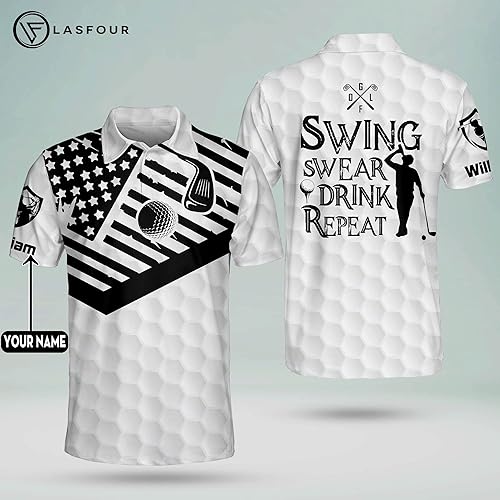 Miniatura 6 de LASFOUR Camisas de golf divertidas con nombre personalizado para hombres, camisas de golf de manga corta, swing Swear Drink Repeat American Polo