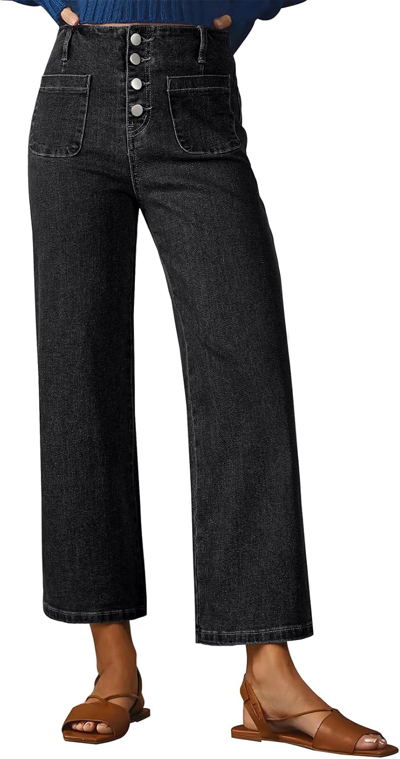 Sidefeel Women's Wide Leg Jeans High Waisted Zimbaplatinum Stretchy Straight Leg Jeans Buttoned Loose Denim Pants with Pocket