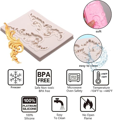 Miniatura 3 de Moldes barrocos de silicona para fondant, 4 paquetes de rollos de arcilla de plumas barrocas para esquina, boda, fiesta de cumpleaños, pasteles,