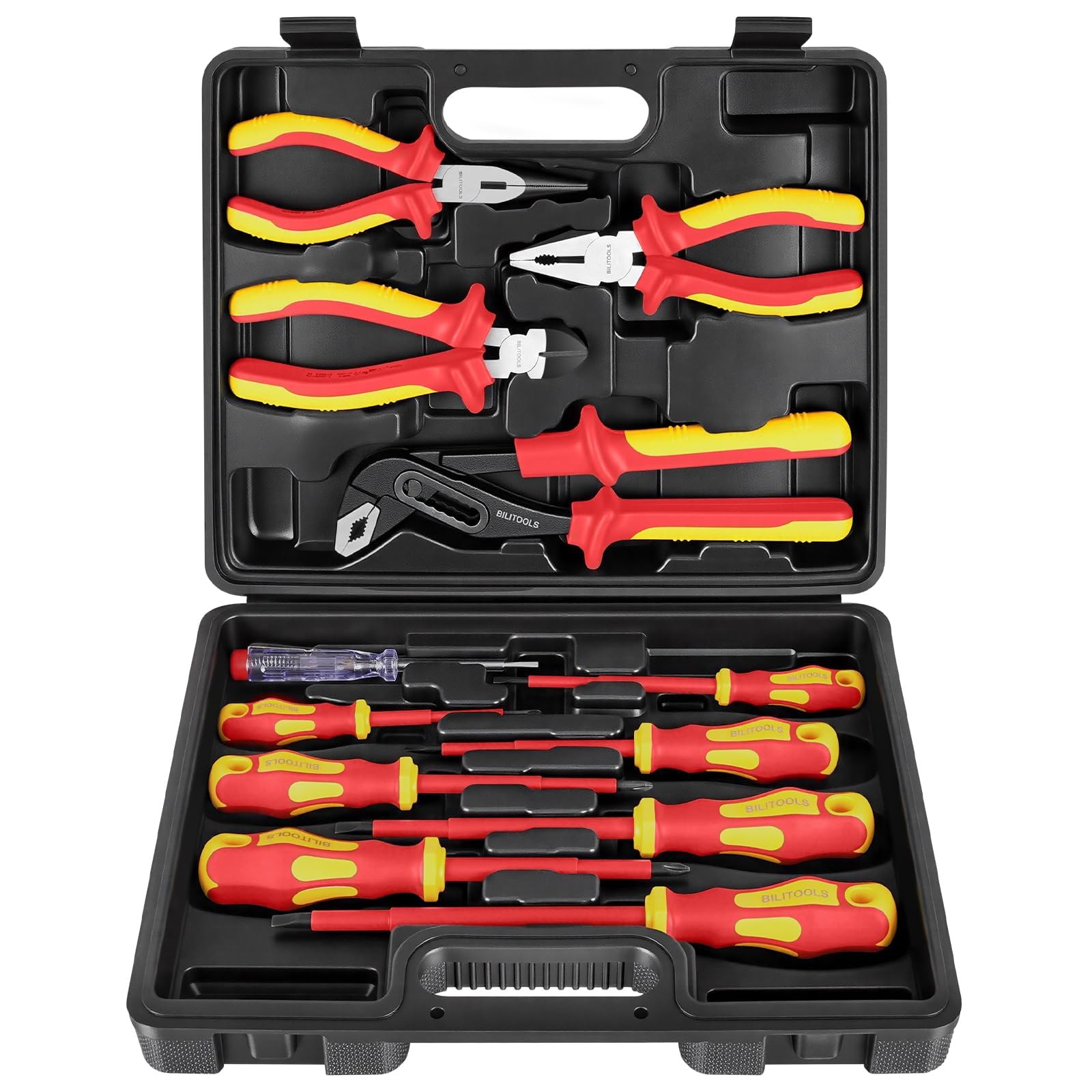 BILITOOLS Tournevis Électricien VDE 1000V 12 Pièces avec Pinces | Kit Outils Électricien Professionnel Isolé avec Poignées Antidérapantes, Pointes Magnétiques, Tournevis et Pinces