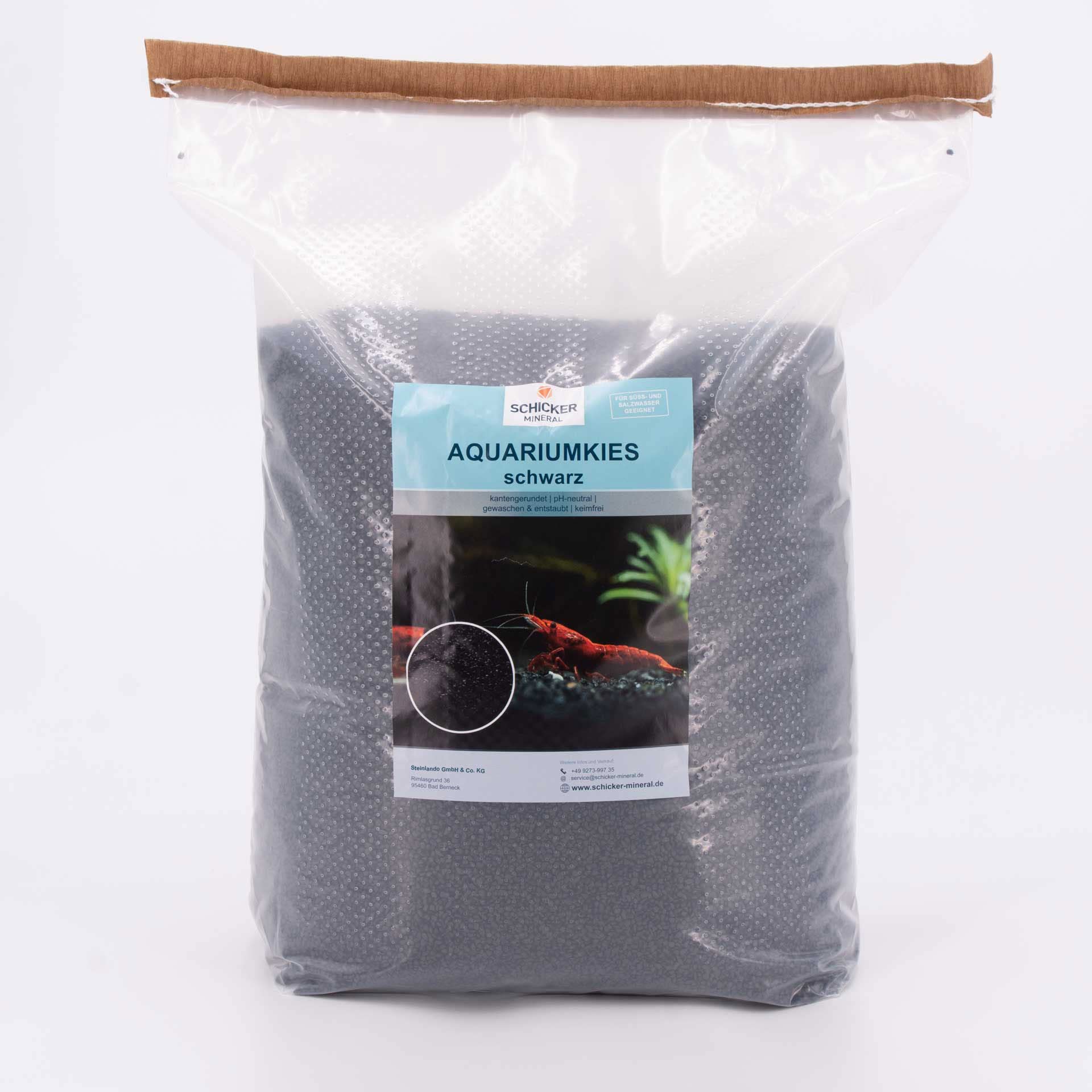 Schicker Mineral żwir akwariowy czarny, kwarcowy 2,0–3,0 mm, 25 kg, powłoka epoksydowa (deklaracja: nie uwalnia substancji), zaokrąglone ziarna, do akwariów słodkowodnych i morskich, neutralność pH