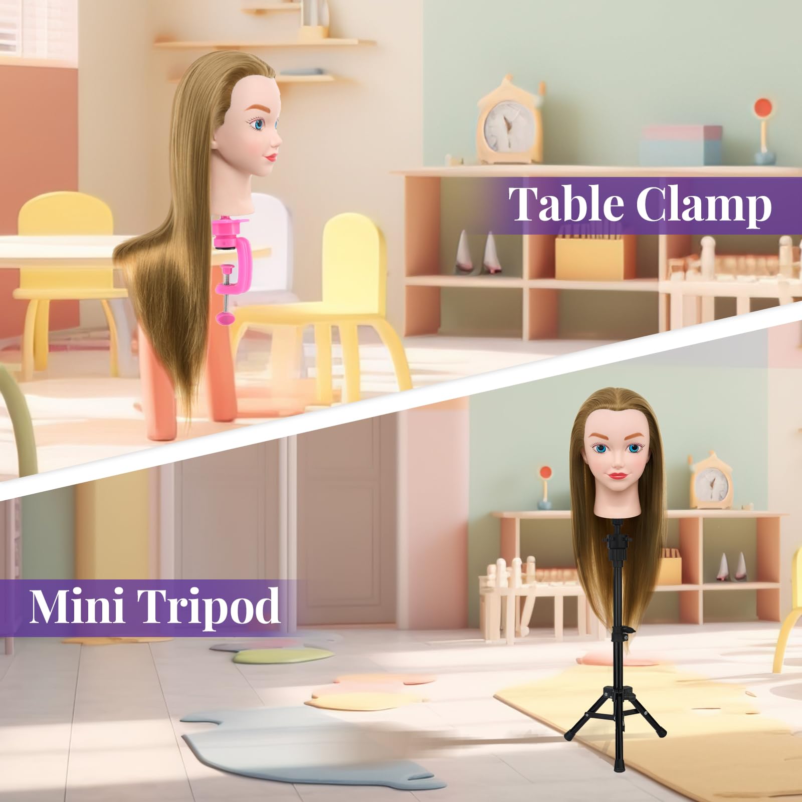Frisierkopf mit Übungskopf ständer,Frisierkopf Echthaar 100% Synthetisches Haar Puppenkopf zum Frisieren Trainingsköpfe für Friseure Ausbildung Kopf Mit Halter + DIY Haare Set(Blond)