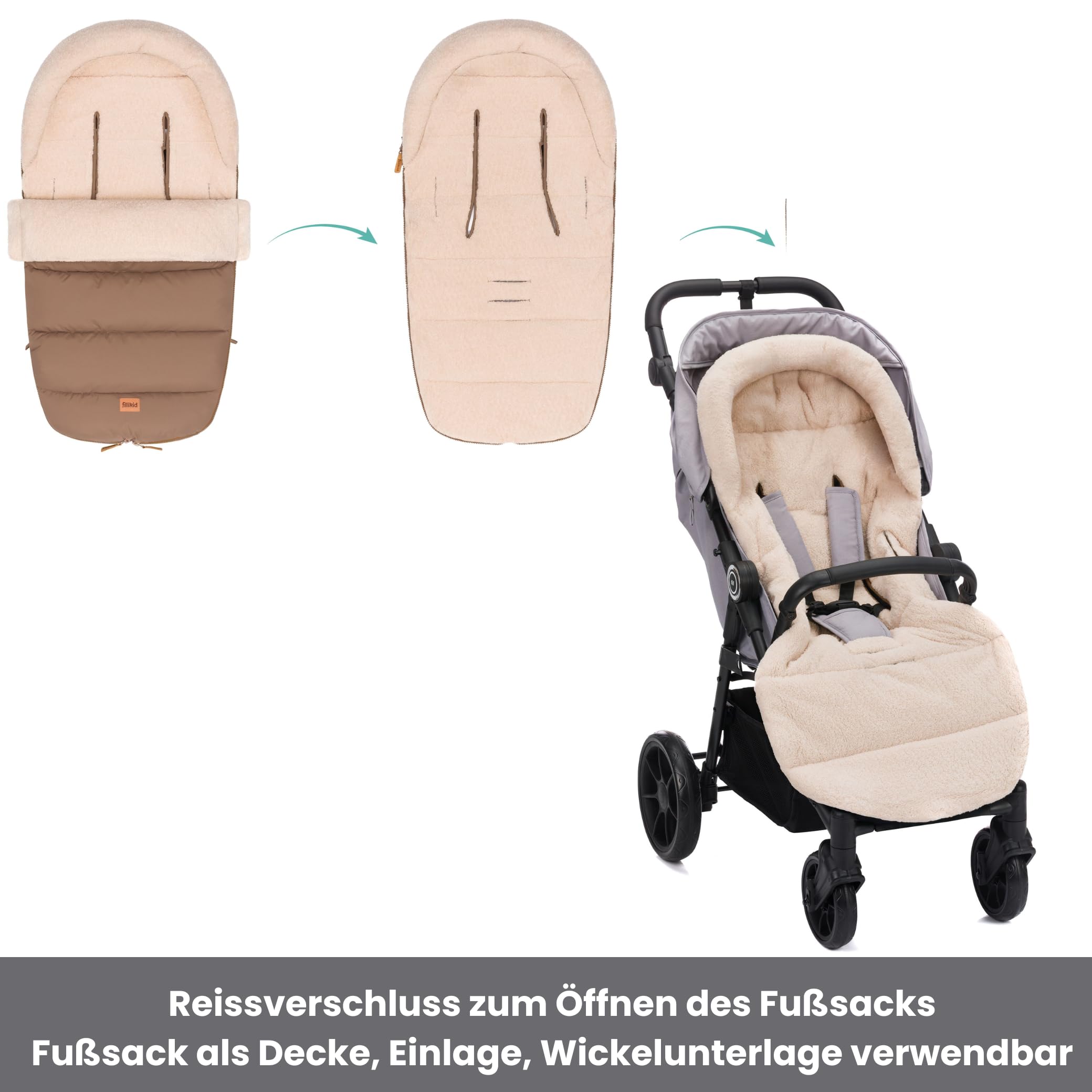 Fillikid Winterfußsack Atlas Teddy Exklusiv | Kuscheliges Teddy-Innenfutter, wind- & wasserabweisend, pflegeleicht, für Buggy & Kinderwagen