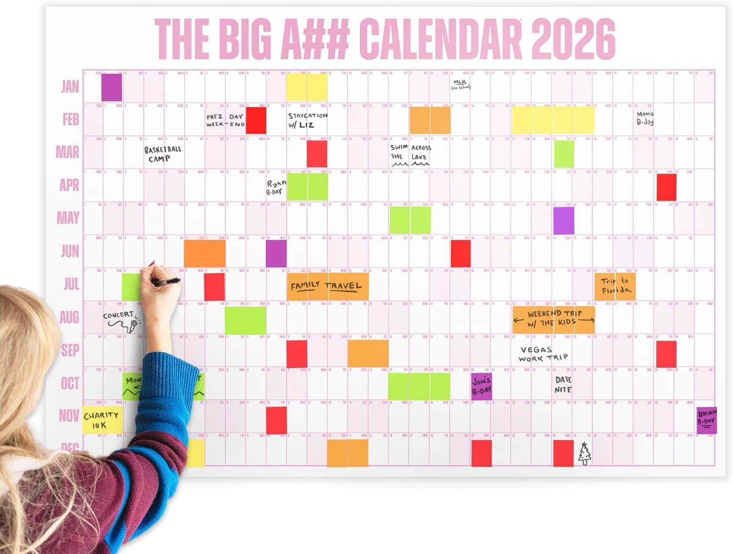 The Big A## Calendar Full-Year Wall Calendar – 2026 Dry-Erase – Includes 1 Marker & 100 Labels – Lightweight, Easy to Hang Yearly Calendar – Year at a Glance – Plan Big Goals & Adventures – Pink