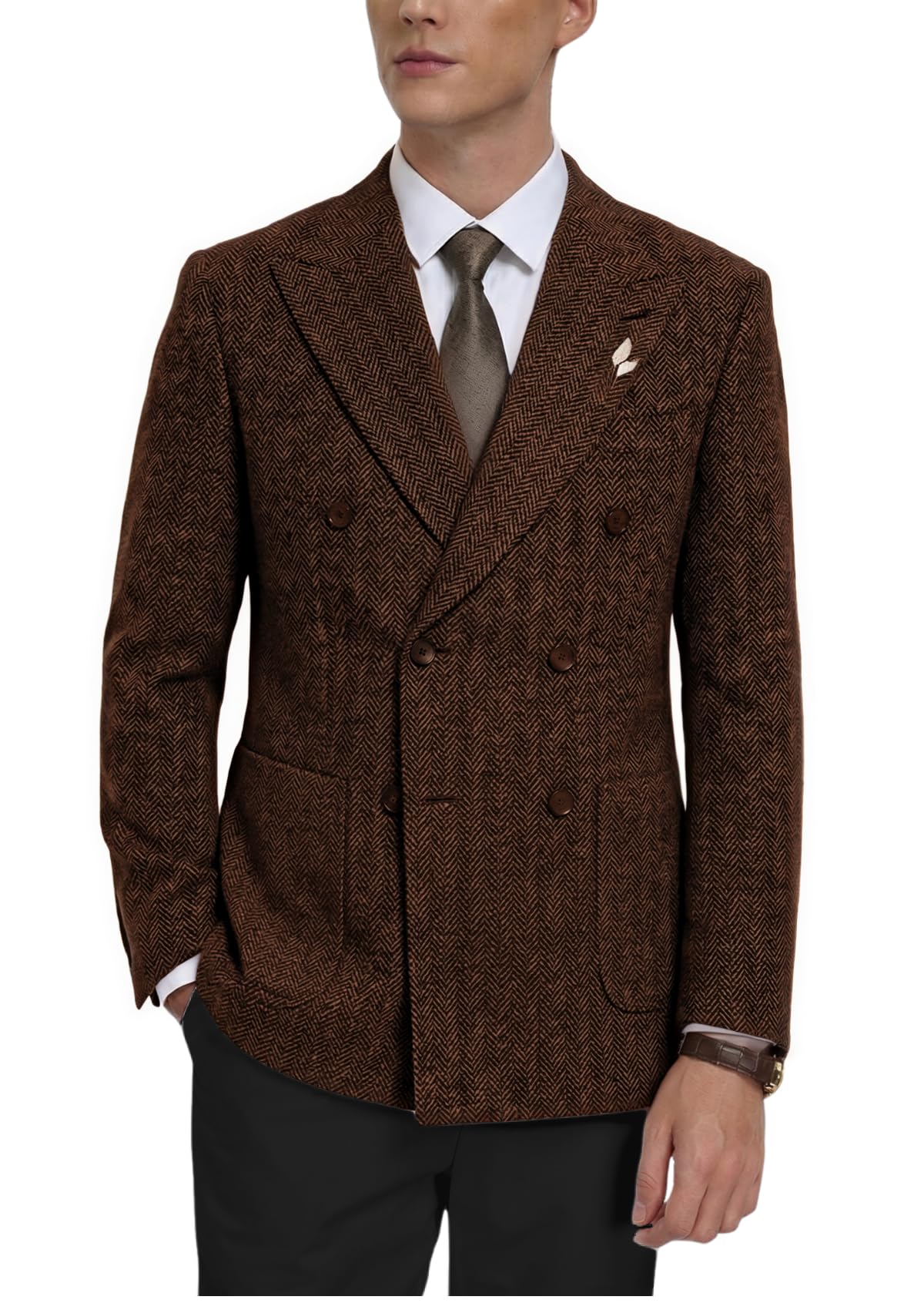 Mens Tweed Blazer Vintage Herringbone Suit Jacket for Men Double Breasted Wool Wedding Groomsmen Sport Coat with Pocket
