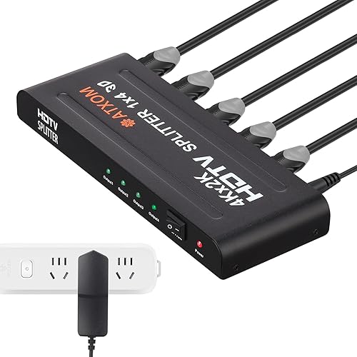 Miniatura 2 de ATXOM Divisor HDMI 1 en 4 salidas - Pantalla HDMI 1x4 duplicadaespejo - Divisor alimentado Full HD 1080P, 4K - Una fuente a cuatro pantallas