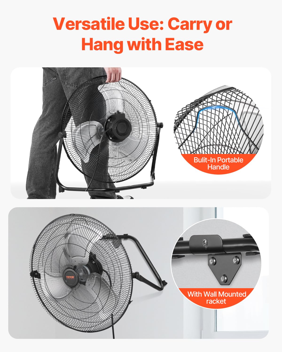 VEVOR Ventilateur de sol, 3 vitesses, ventilateur industriel en métal robuste 508 mm, inclinaison à 360°, vitesse du vent 6,5 m/s, pour maison, bureau, garage, magasin commercial, chambre à coucher