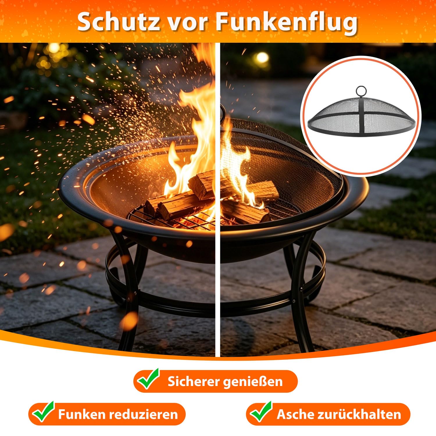 Feuerstelle Ø55cm mit Funkenschutz Schürhaken und wärmeisoliertem