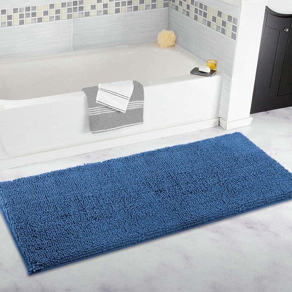 Tapis de salle de bain extra large en chenille ultra pelucheux antidérapant pour salle de bain Bleu 70 x 140 cm