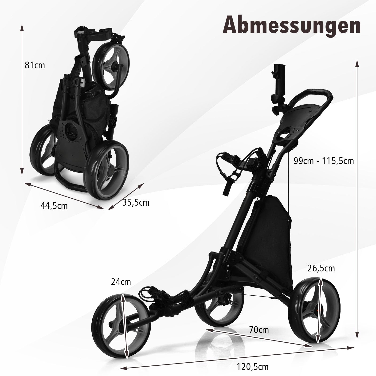 GYMAX Carro de Golf Plegable 3 Ruedas con Asa Ajustable, Soporte Paraguas y Portavasos