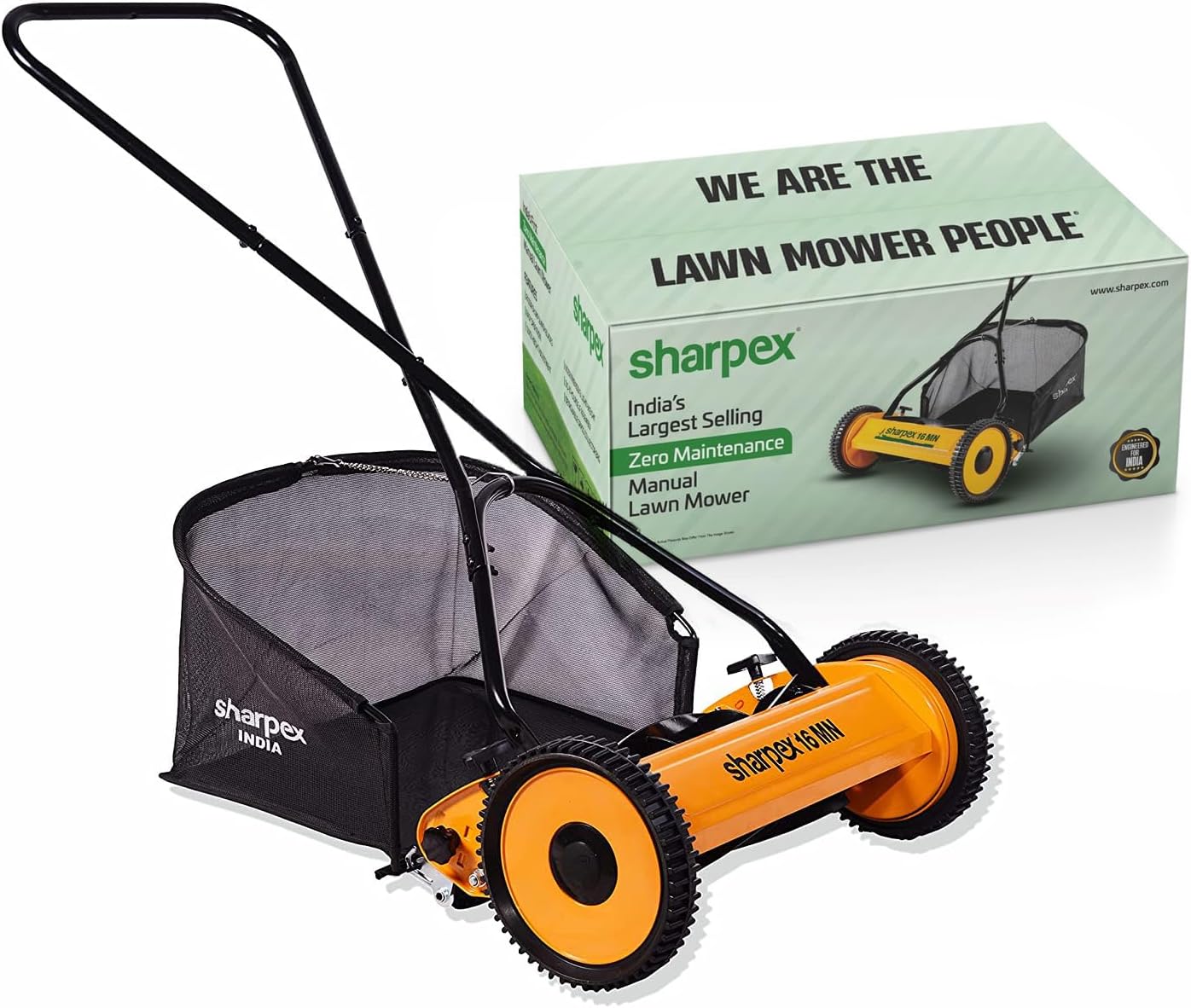Sharpex 16" Push Manual Lawn Mower, 27L Grass Catcher, Metal Gear, 5-Position Cutting Height 19–35 mm, Suitable for Up to 400 Sq.Ft | Not for Carpet Lawn – Yellow