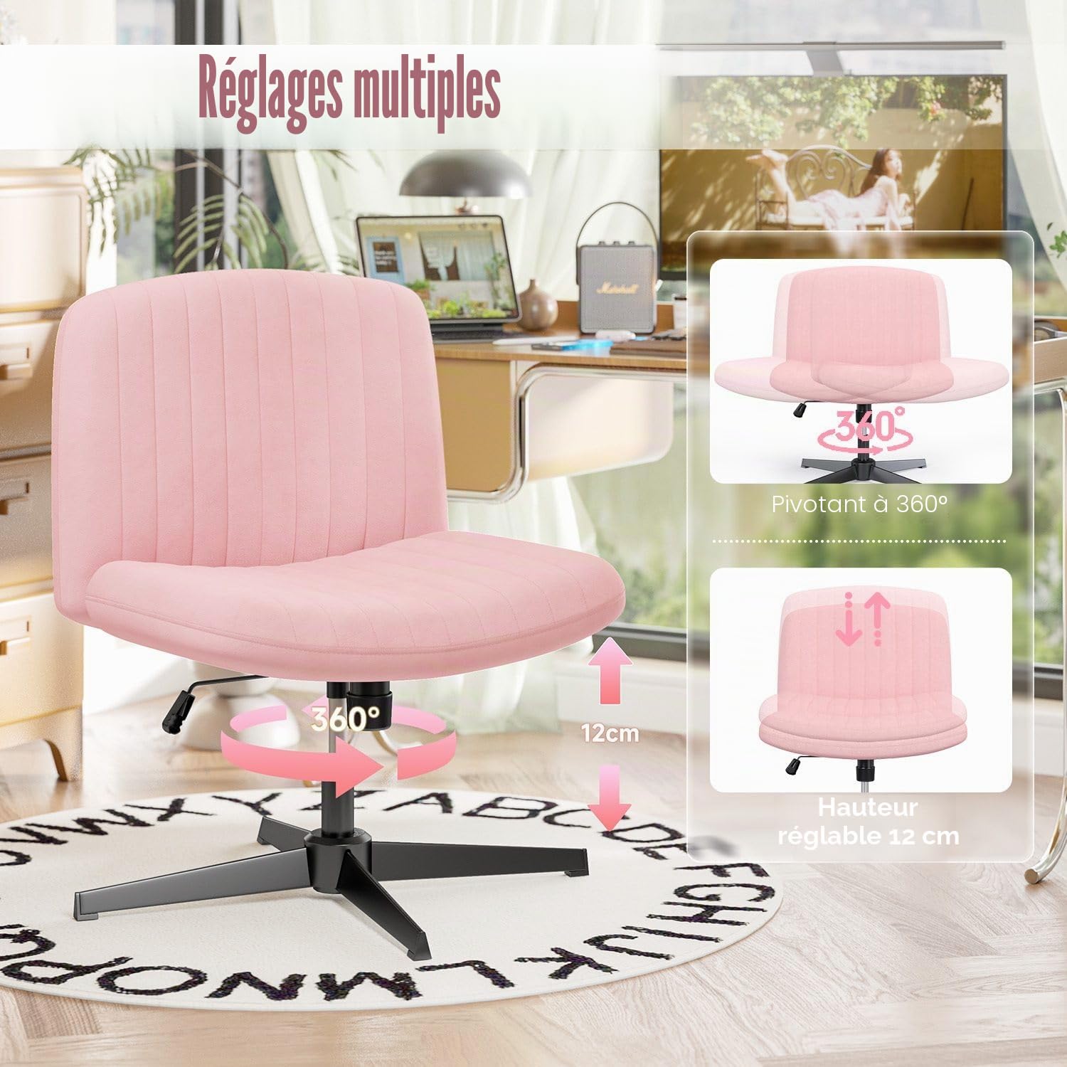 Chaise de bureau ergonomique sans accoudoirs sans roulettes – Large flanelle douce, pivotante à 360° et hauteur réglable, design moderne pour la maison (rose)
