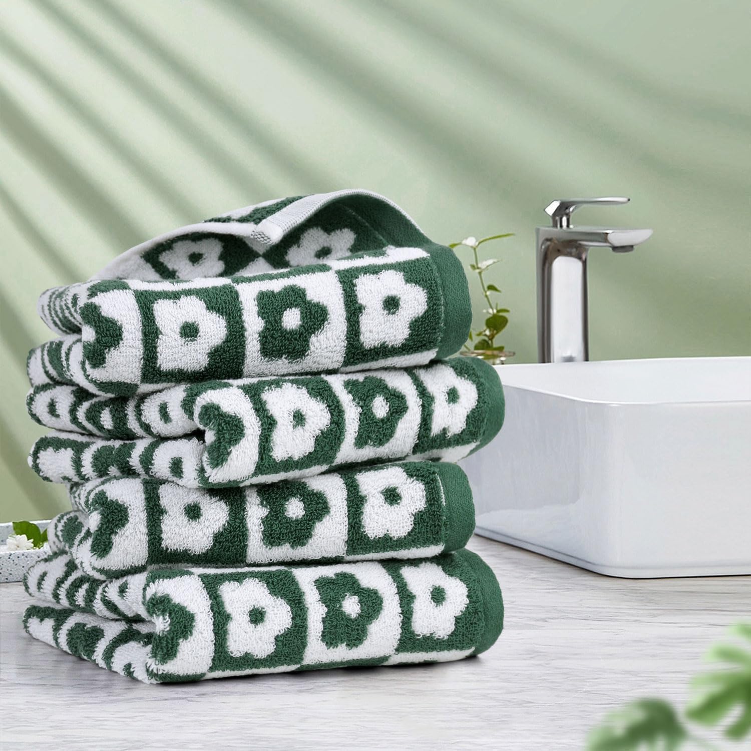 Jacquotha Cotton Hand Towels Green Checkered Floral - Quick Drying Hand Towel Set of 4, for Bathroom Kitchen Decor, 29” x 13”