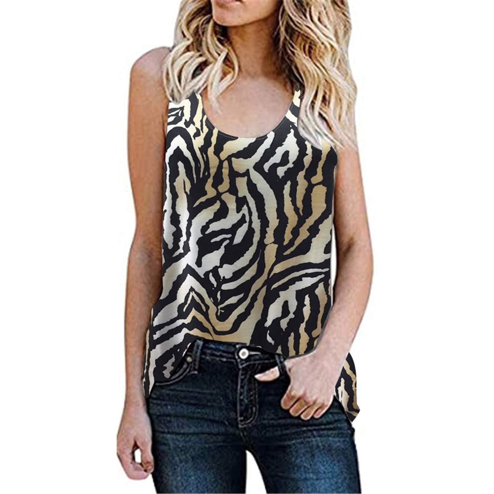 VEMOW Chaleco Sin Mangas para Mujer Sexy Camisa Suelta Cuello Redondo, Verano Elegante Casual Cómodo Cami de Playa Blusa con Estampado de Leopardo y Cebra Camisetas De Tirantes