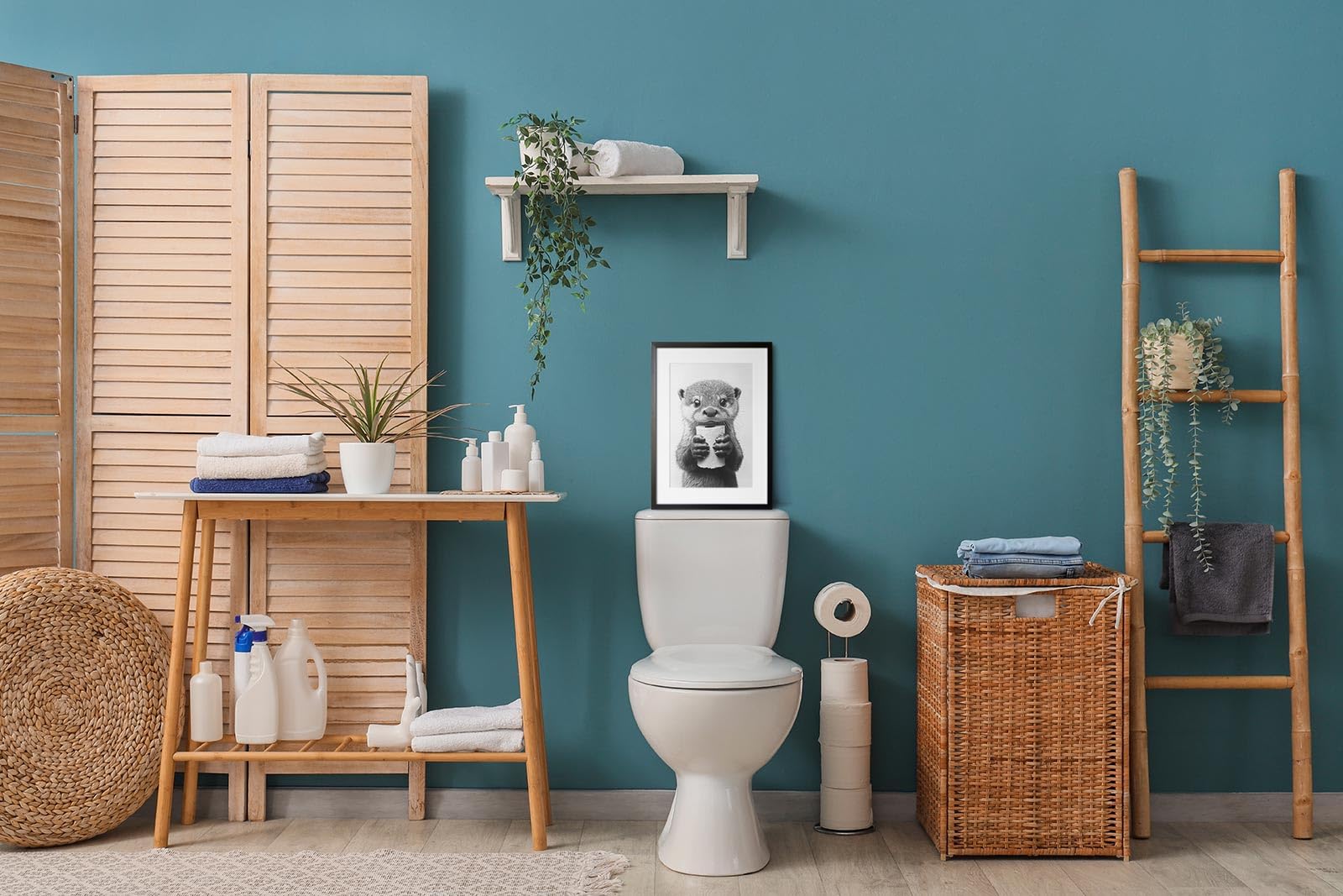 Impression de loutre drôle lisant le journal sur les toilettes | Décoration murale animal aquatique pour salle de bain - France