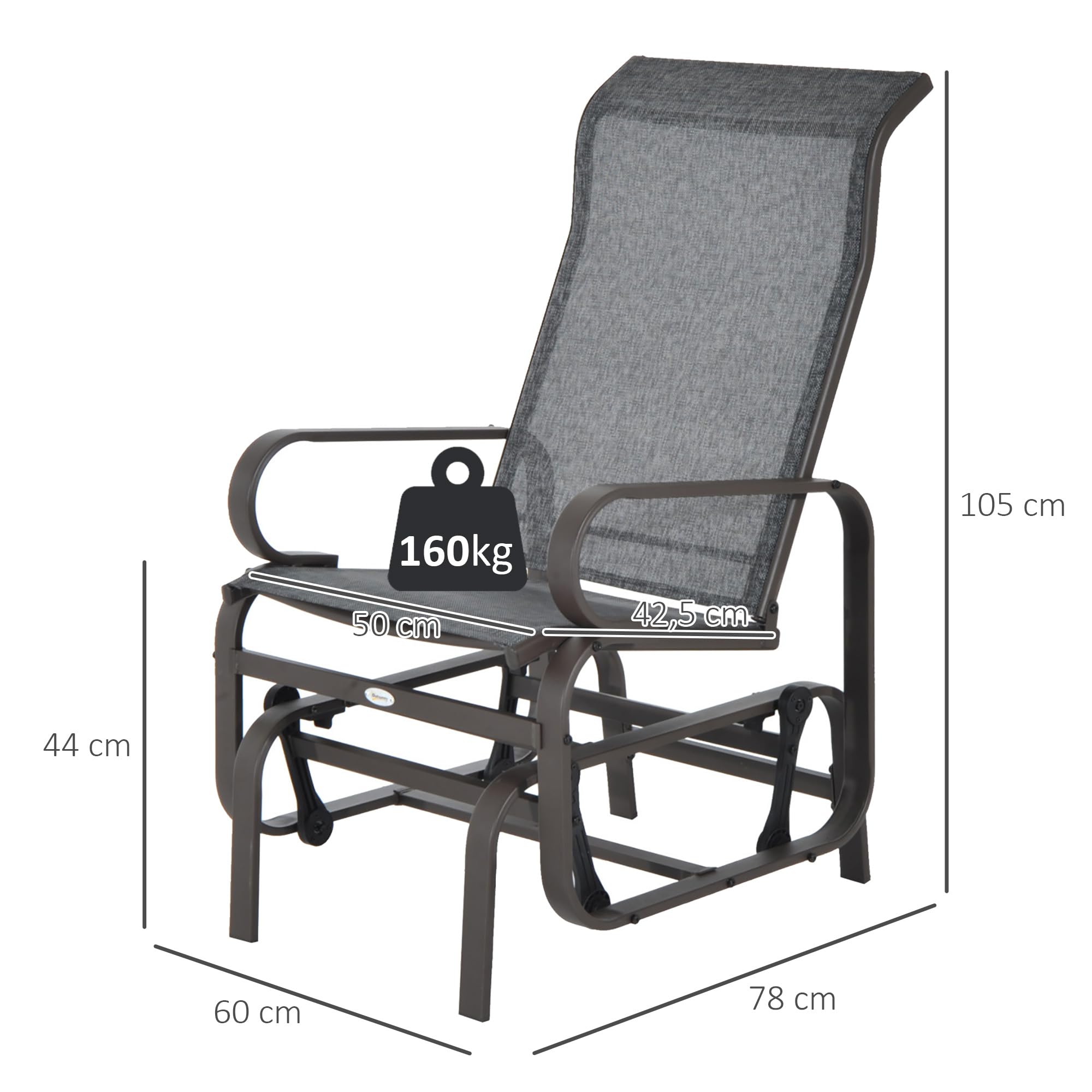 Outsunny Schaukelstuhl Garten Gartenstuhl Relaxstuhl Gartenschaukel Garten Metall Schaukel Stuhl für Garten Terrasse Balkon Texteline Grau+Braun 60 x 78 x 105 cm