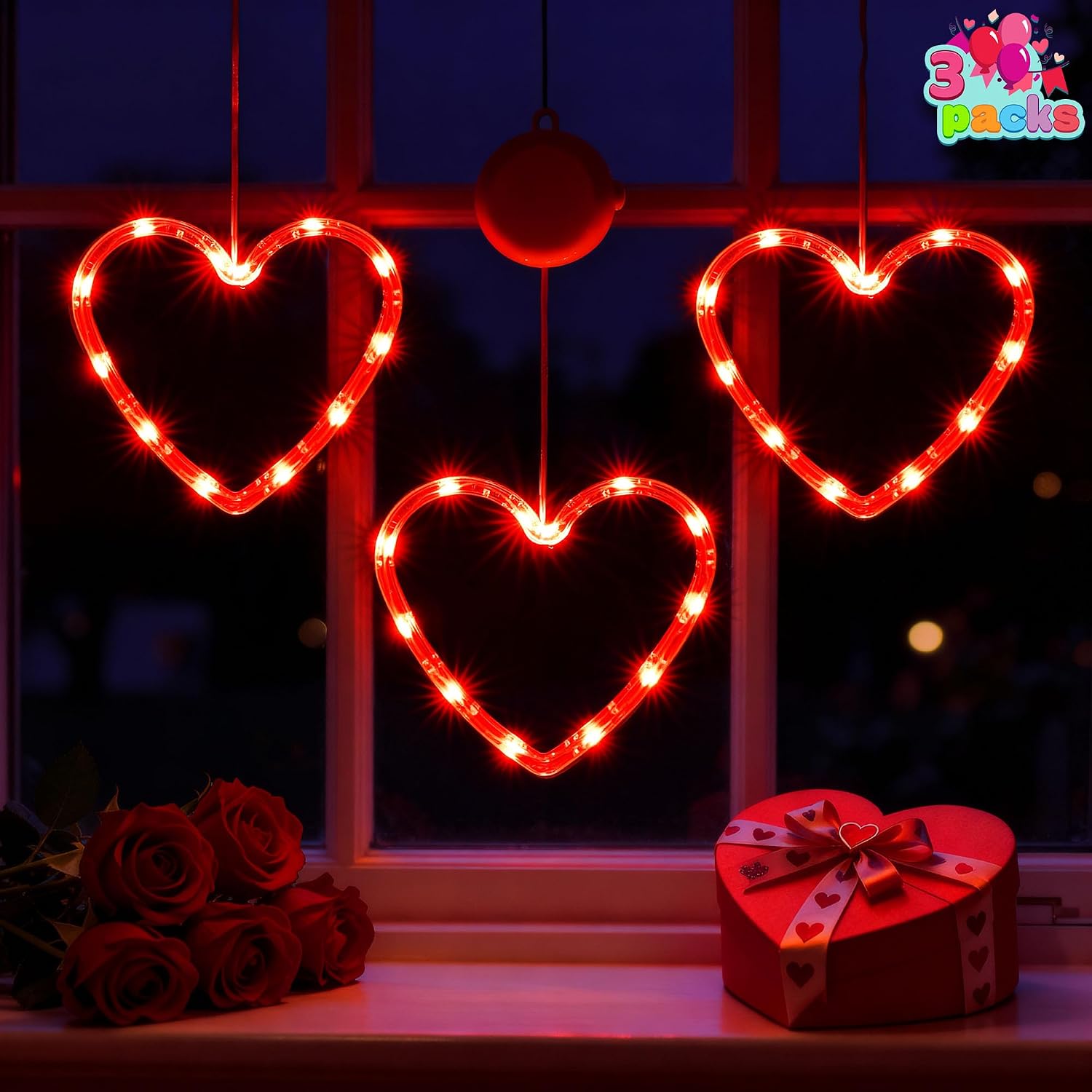 JOYIN 3 Pcs Valentines Window Lights, 6.5" Valentine's Day Red Heart Shaped Window Lights, Hanging Heart Silhouette LED Lights with Sucker for Valentines Party Indoor Decor, Home Kitchen Decoration