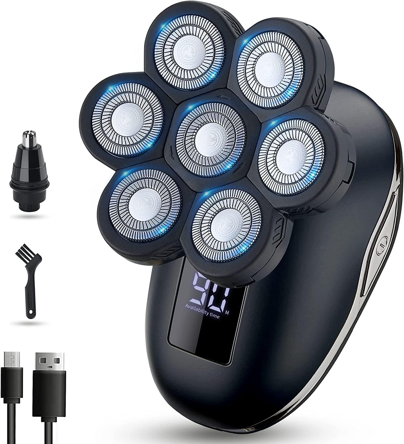 Electric Shaver for Men 5 in 1, Bald Head Shaver Waterproof, Upgraded Head Shaver 7 Floating Heads, Multifunctional Head Razors for with Nose Ear Trimmer, LED Display, 90 Mins Run time for Traval