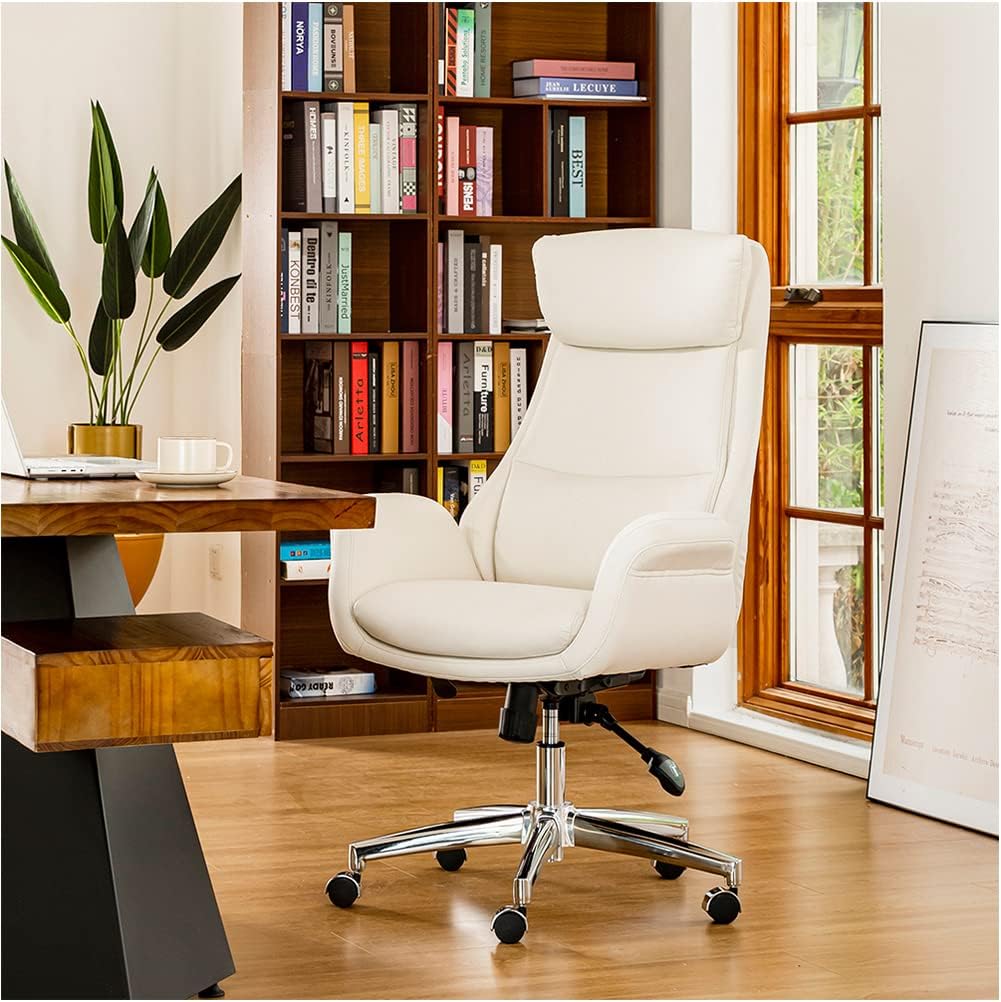 Glitzhome Home High-Back Office Chair Leather Adjustable Swivel Desk Chair with Arms, Cream