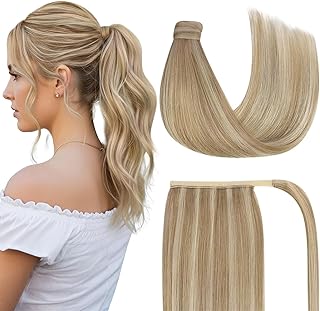 Ve Sunny Ponytail Extension Real Human Hair for Women Clip in Ponytail Hair Extension Straight Hair Pieces Wrap Around Dark Ash Blonde Highlights Golden Blonde 22inch 80G