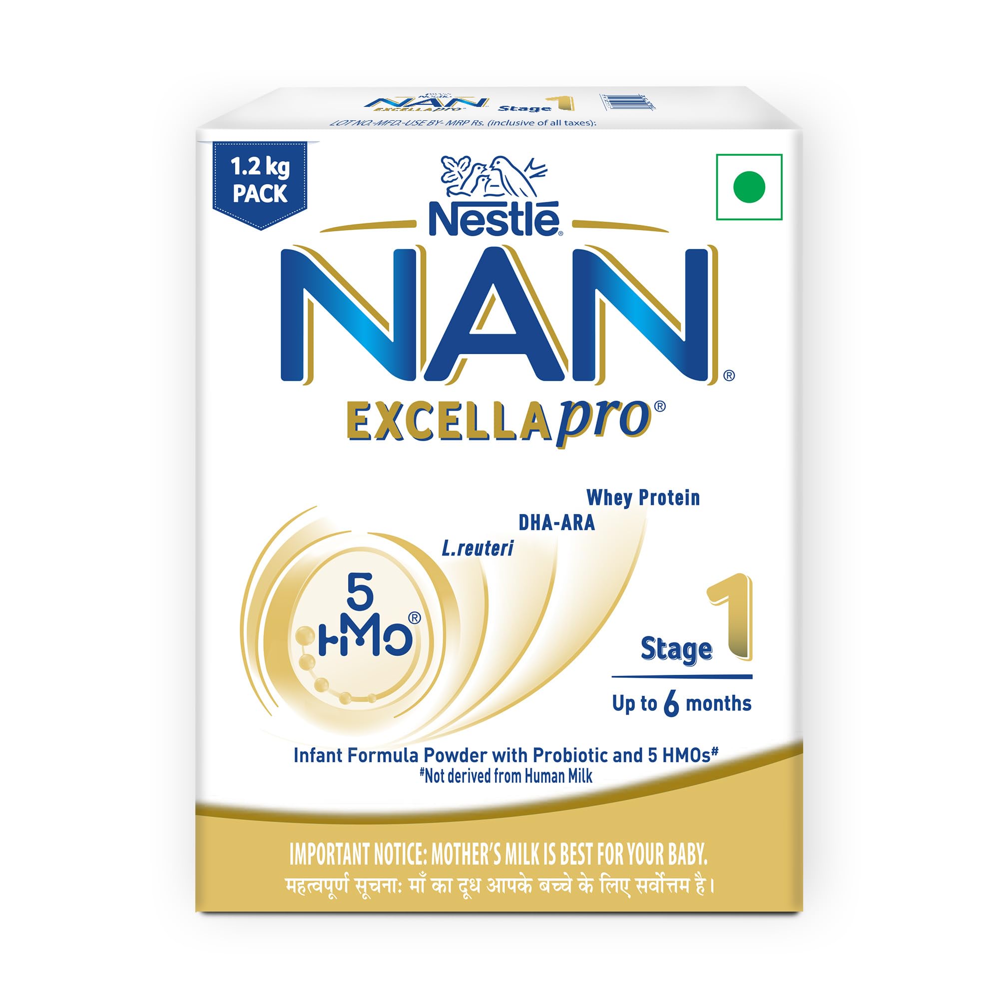 EXCELLAPRO Nestle NAN Stage 1, 1.2 Kg Pack, Infant Formula Milk Powder With HMOs & Probiotic For Babies (Up To 6 Months), 3x400 G Box (1.2 Kg Bag-In-Box)