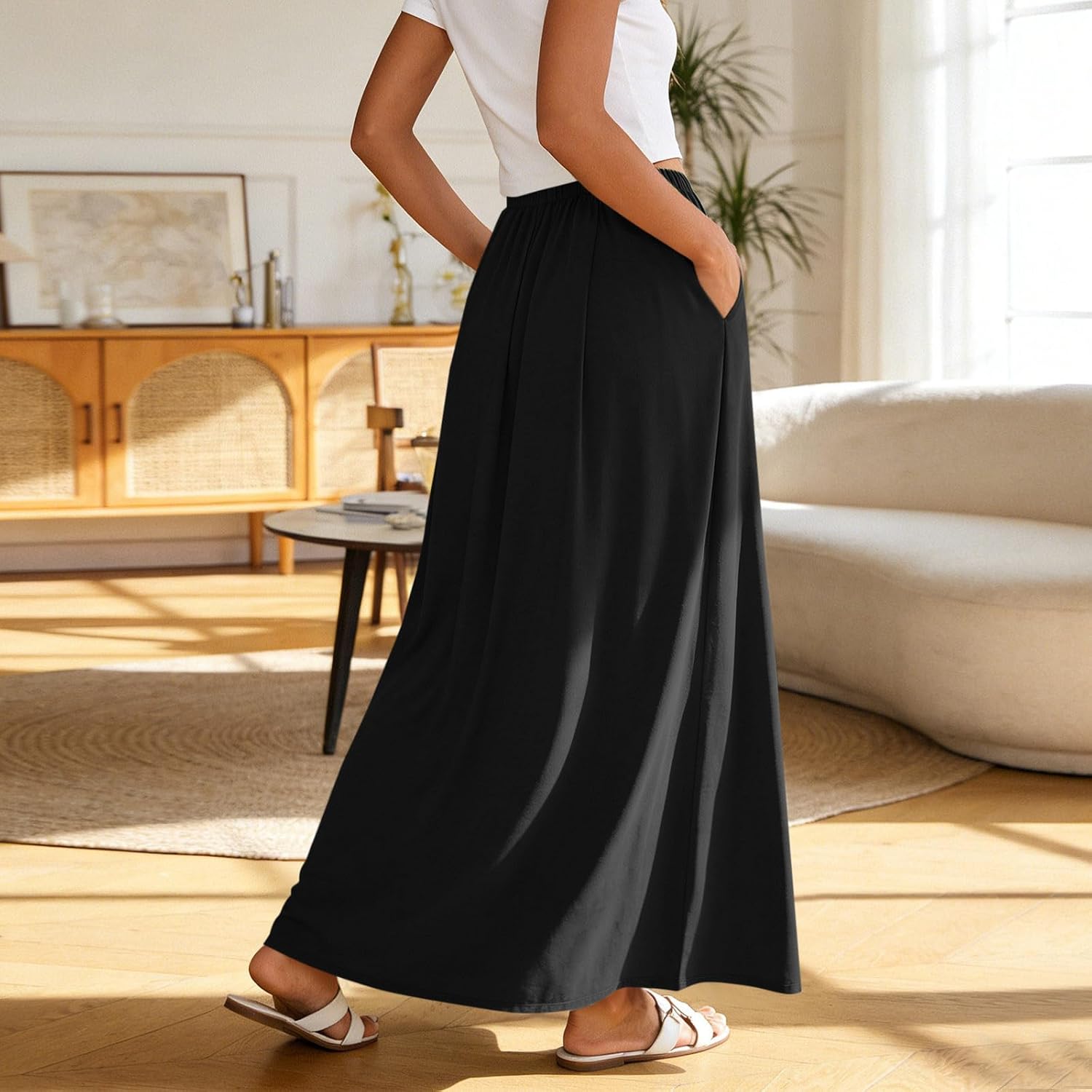 Women Maxi Skirt with Pockets Flowy Elastic High Waisted A-Line Solid Color Skirts Casual Summer Spring Outfits