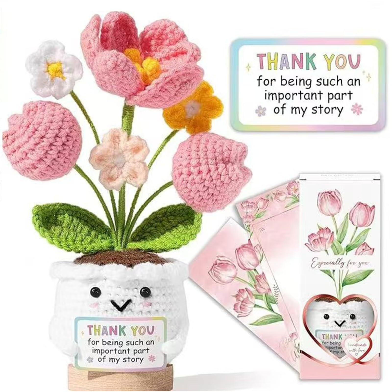 Wetopee Handmade Crochet Flower Pot with Inspirational Card, Cute Knitted Potted Plant Plush, Friends & Desk Decor, Positive Encouragement Gift for Birthday, Graduation & Get Well Soon