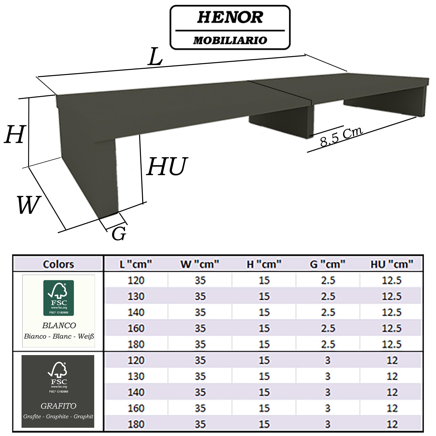 Henor Rehausse TV en Bois Double 130 x 35 x 15 cm Blanc Mat. Supporte +100 kg.