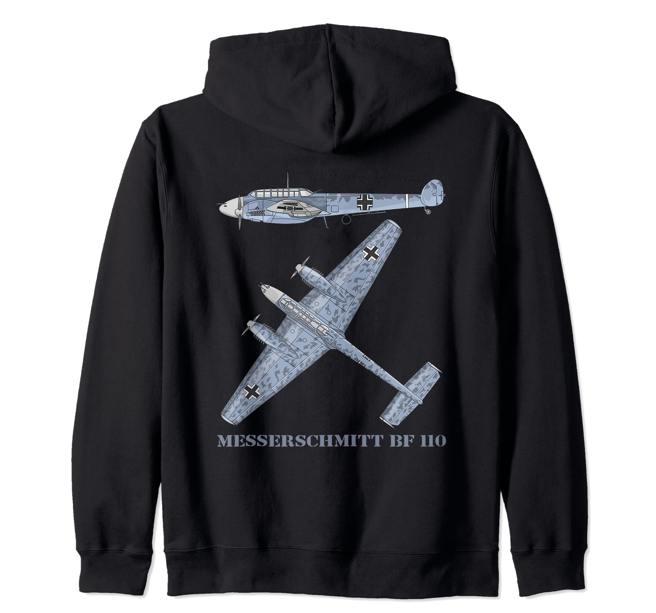 Messerschmitt Bf 110 German WW2 Fighter Bomber Plane Diagram Zip Hoodie, Black - Image 2