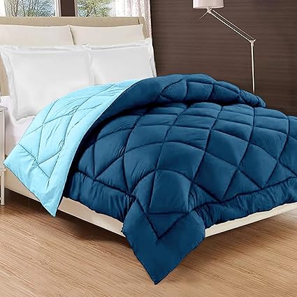 Story@Home Microfibre Soft Plain Quilted Single and Double Bed Comforter (Sky Blue and Navy Blue, Double)