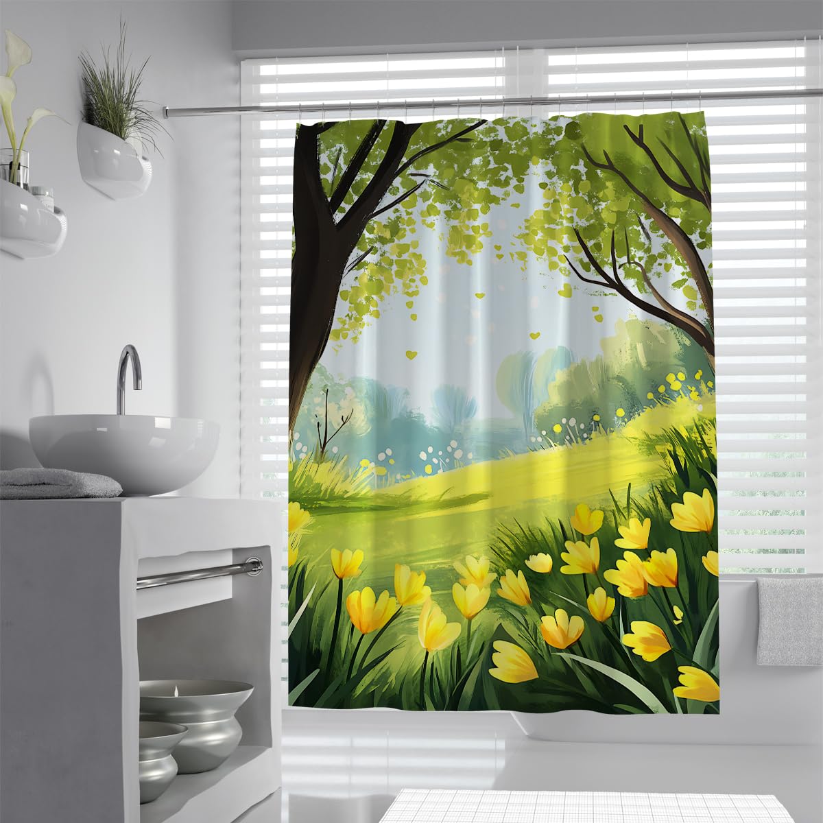 UIRINGART Vintage Spring Landscape Shower Curtain W180xL220cm Green Tree Yellow Tulip Pattern Anti Mould Quick Dry Shower Screen Walk In Shower With Hooks
