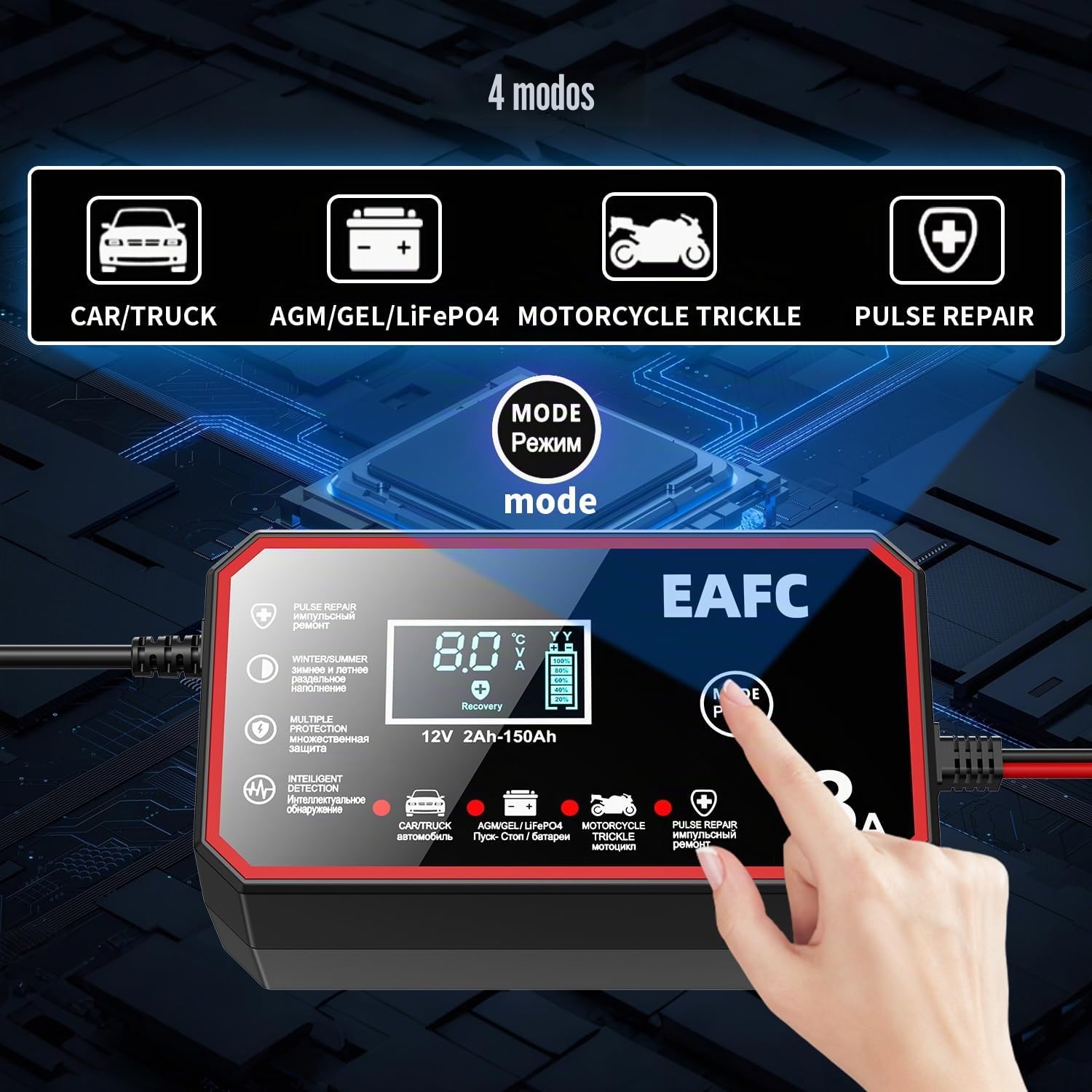 Cargador inteligente de batería de coche de 12 V 8 A, reparación de pulsos, carga rápida para coche, Moto AGM, gel, plomo ácido, LiFePO4, carga de batería con pantalla LCD y modo de reparación