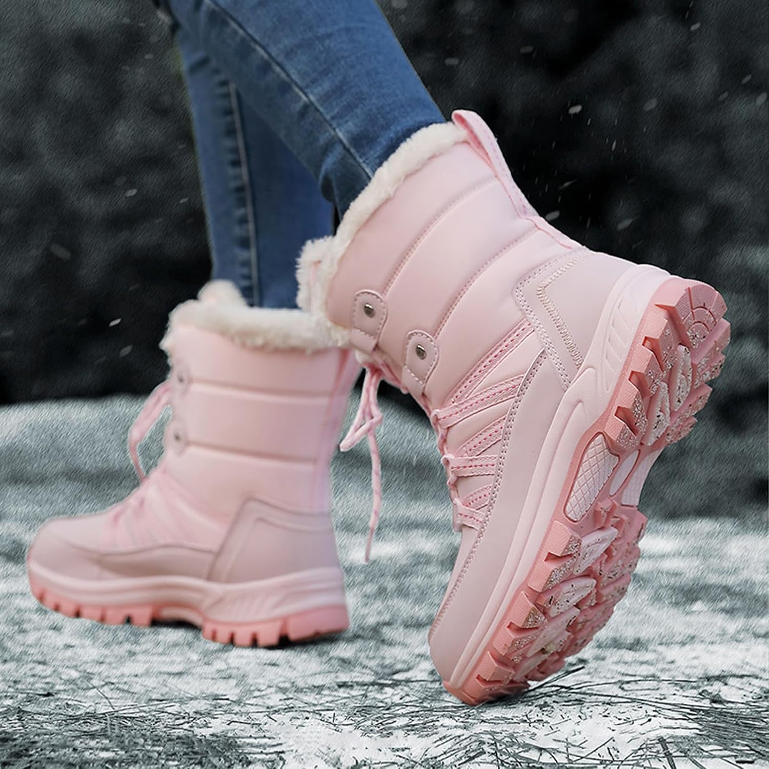 MOYOWEI Women's Winter Waterproof Mid Calf Snow Boots,Comfy Warm Faux Plush Lined Non-slip Lace-up Outdoor Hiking High Booties