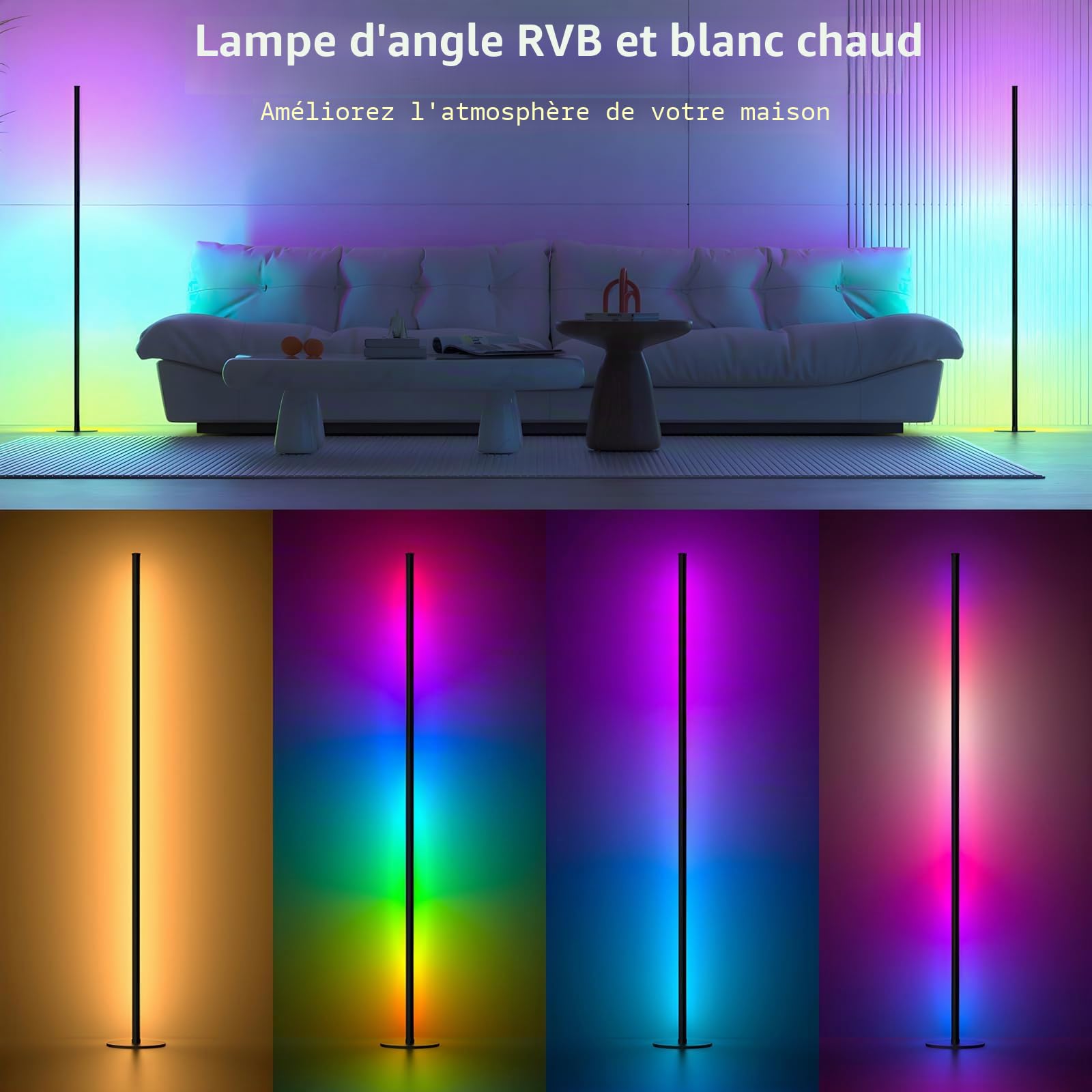Lot de 2 Lampadaire LED d'Angle, 140cm Lampe sur Pied RGB avec APP et Télécommande,16 Millions Couleurs, Musique Sync et Temporisation, Lampe d'Ambiance Moderne pour Salon, Chambre et Décoration Fête