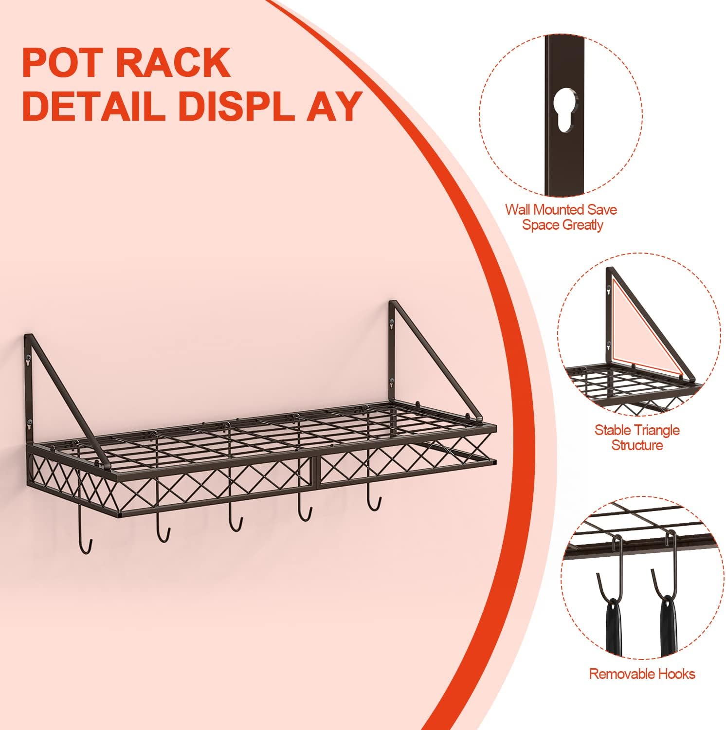 Wall Mount Pot Pan Rack, Saucepan Hanging Racks Utensils Hanging Shelf, Pan Racks for kitchen, Metal Cookware Organiser with 10 Hooks, Bronze