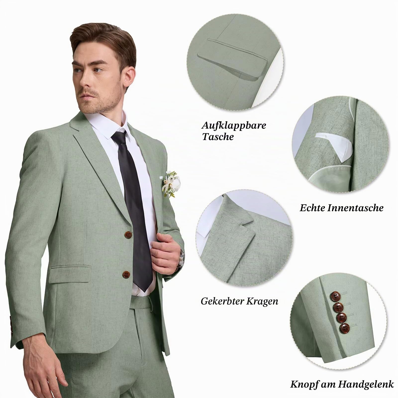 Leinenanzug für Herren, Slim-Fit, Sommer, Strand, Hochzeit, Kleid, Abschlussball, Party, Anzug, Blazer, Jacke und Hose, Beige, 2-teilig