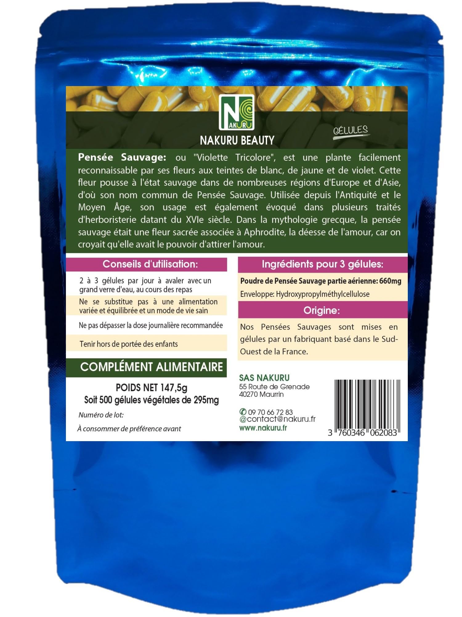 NAKURU | Pensée Sauvage | Gamme Beauty | Fabriqué en France | "La Fleur de Notre Dame!" (500 Gélules Végétales de 295mg / Poids Net: 147,5g)