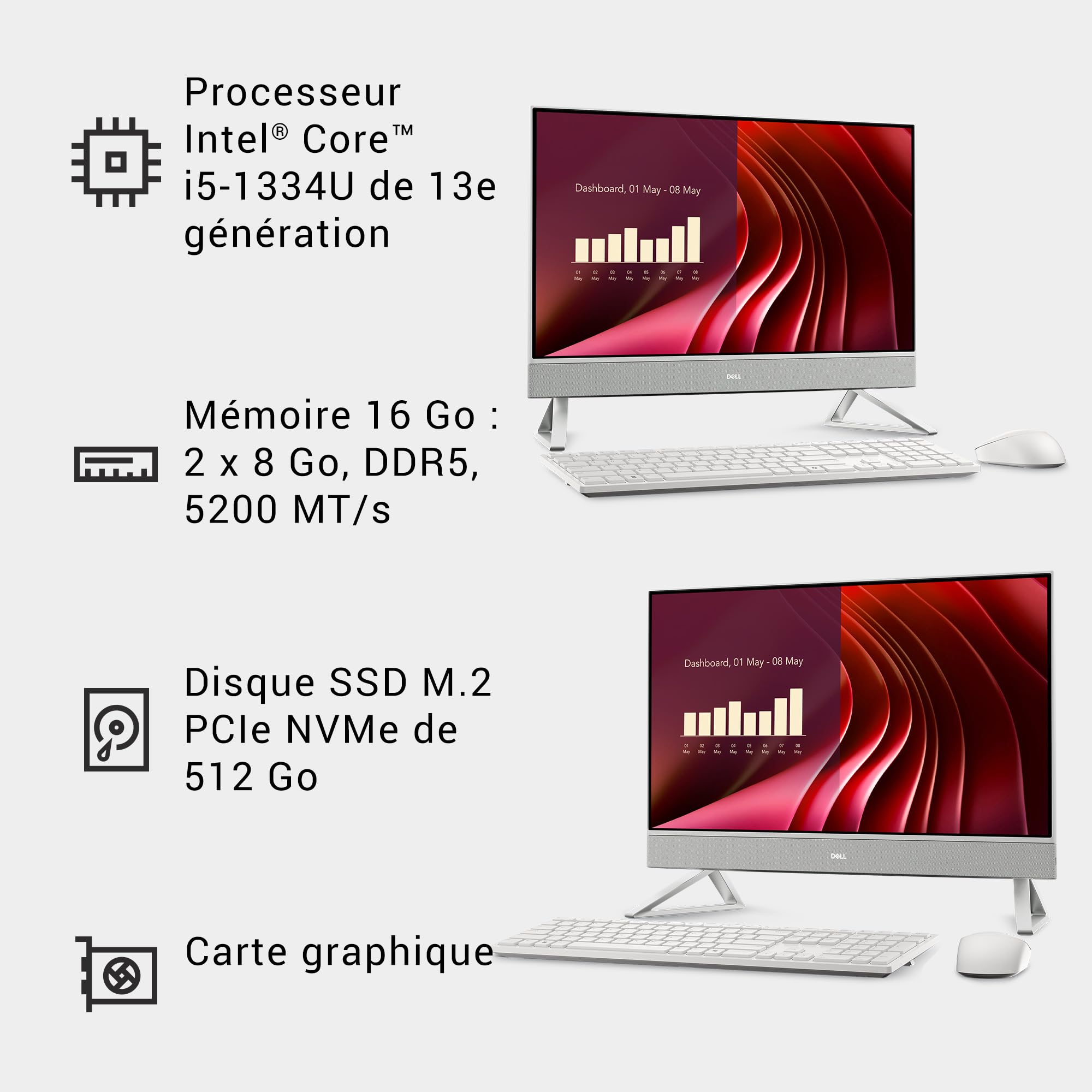 Dell 24 Tout-en-Un EC24250 Ordinateur Bureau 23,8" FHD IPS, Intel Core i5-1334U, Intel Iris XE, 16 Go RAM DDR5, 512 Go SSD, Windows 11 Home, Wi-FI 6E, Clavier & Souris sans Fil AZERTY - Argent