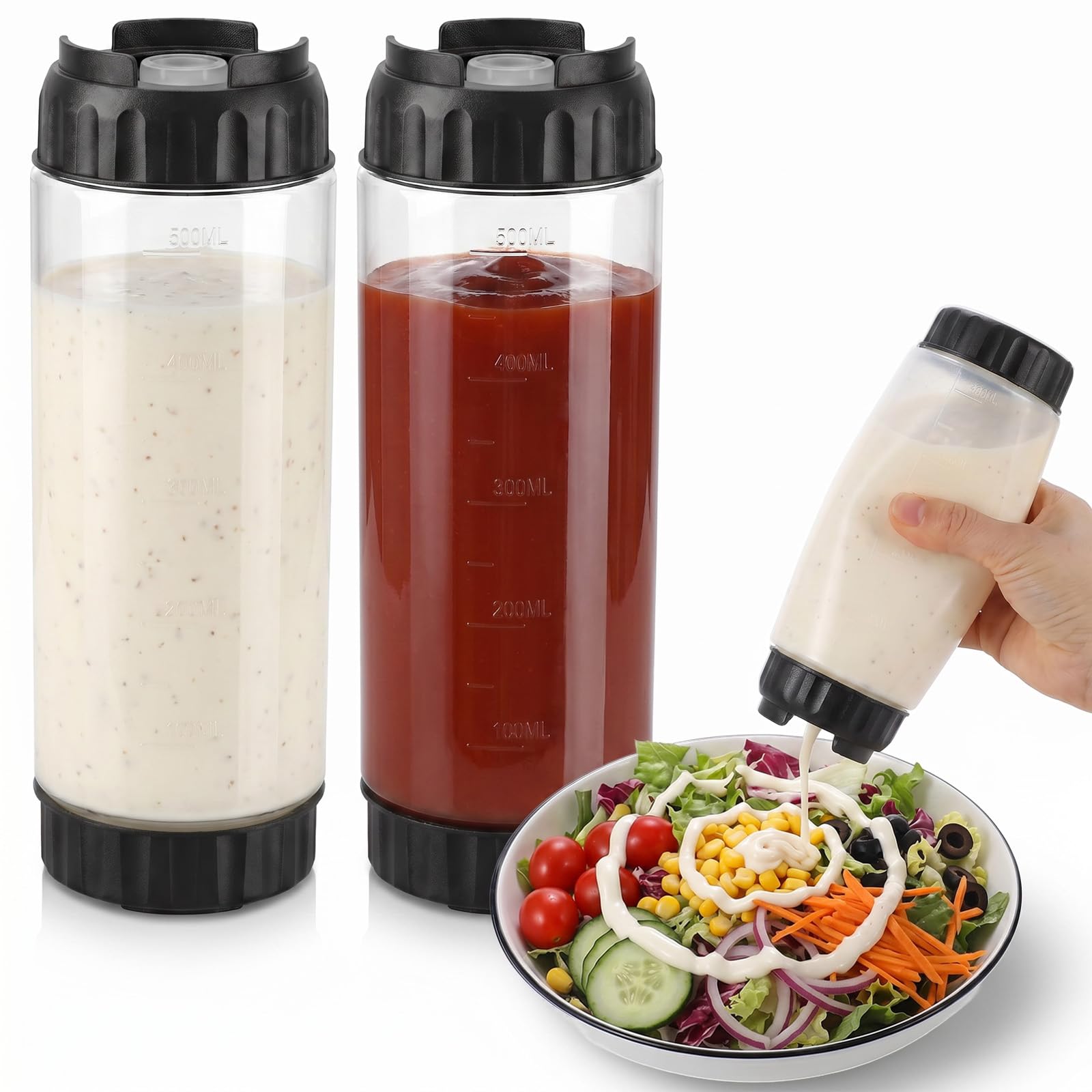 2 Pcs 20oz Squeeze Bottles, Refillable Large Valve Condiment Dispenser