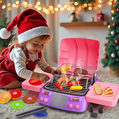 Miniatura 13 de Juego de parrilla para niños, juguetes de cocina con sombrero de delantal para cocinar alimentos, luz de humo, accesorios de juego de simulación al