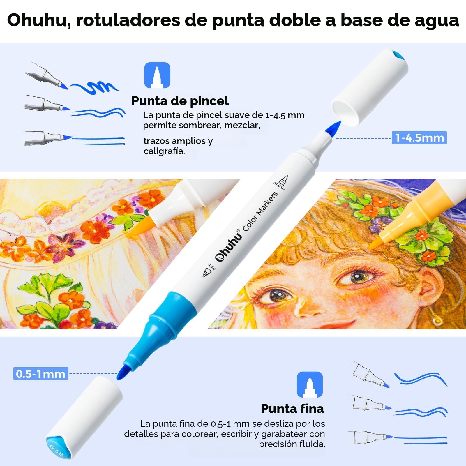 Ohuhu Set de 64 Marcadores de Doble Punta a Base de Agua (Pincel y Fina) - Para Manga, Dibujo y Arte, Incluye 1 Marcador Mezclador y Base de Almacenamiento, Sin Olor y No Tóxicos