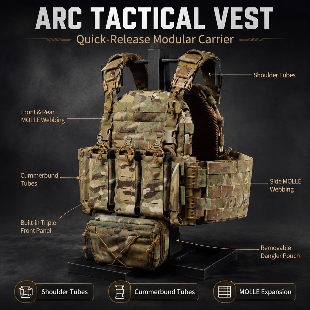Chaleco Táctico ARC, Tubos Dobles, Liberación Rápida, MOLLE, Panel Triple Mag, Bolsa Desmontable, Cintura Ajustable
