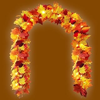 2 Pack Fall Garland with Lights - 40 LED Lighted Fall Garland for Mantle, Fall Leaves Garland Outdoor, Fall Leaf Garland, Artificial Autumn Foliage Garland Thanksgiving Decor