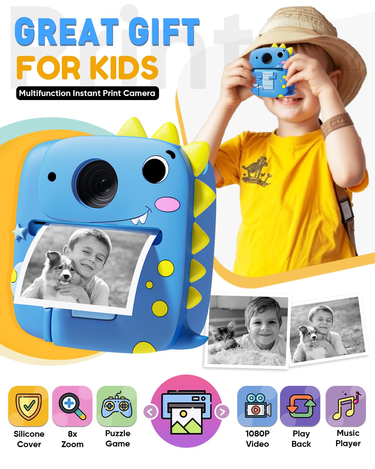 Cámara de impresión instantánea para niños con funda de silicona de dinosaurio, cámara digital 1080P, 3 rollos de papel de impresión, cumpleaños para niños y niñas de 3 a 8 años (azul)