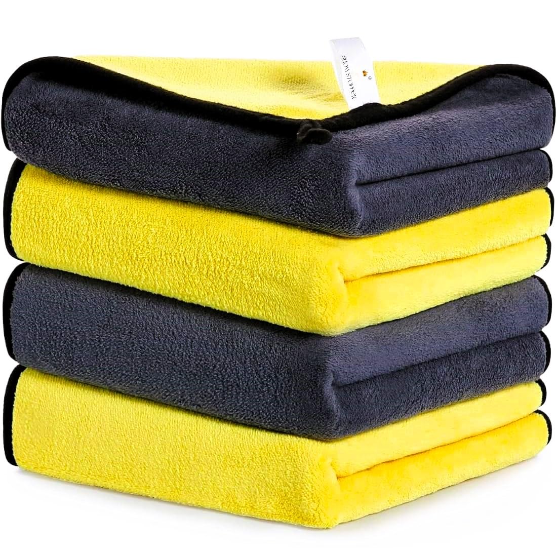 SHOWSTOPPER Microfiber Car Cleaning Cloth | 40x40 cm | 600 GSM Microfiber Cloth for Kitchen | Microfibre Towels for Car, Bike, Home Cleaning (Yellow with Grey) Pack of 4 (B0BYSSXTKP) Amazon Price History, Amazon Price Tracker